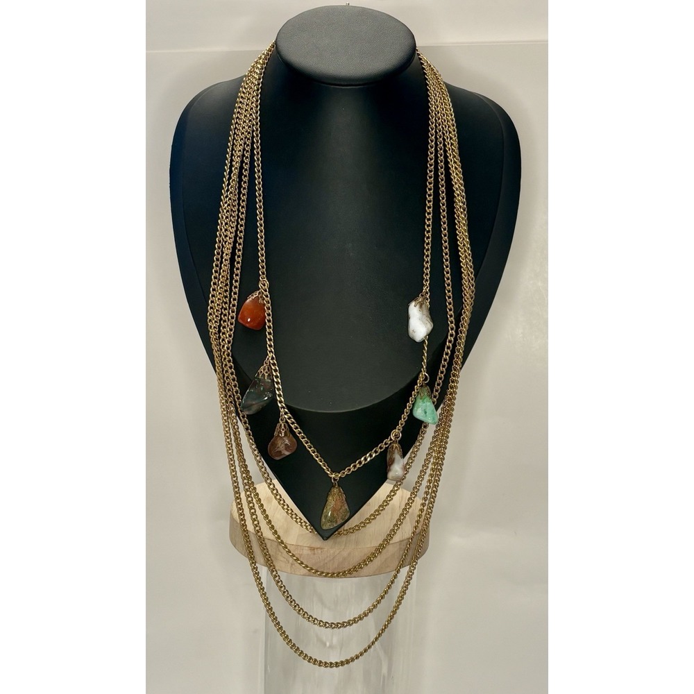 Vintage Multi Strand Necklace Polished Stone Drops Gold Tone Layered 23–30"